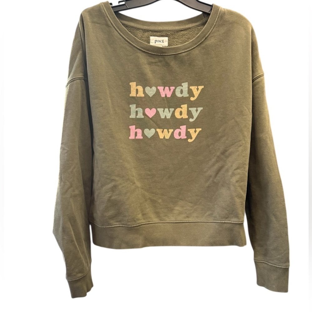 Pact Olive Sweatshirt with Pastel 'Howdy' Graphic Size Lg
